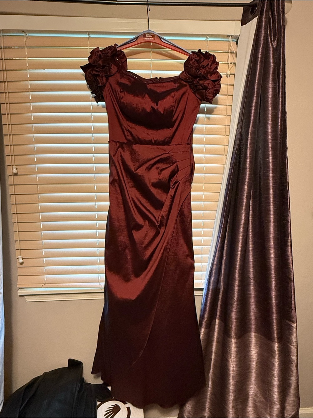 Xscape Burgundy Satin Maxi Dress with Floral Puff Sleeves
